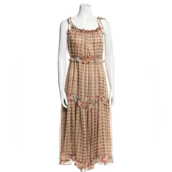 MISA Los Angeles Nita Midi Ruffle Dress in Flora Tile Mix Green and Pink Size M NWT - Image 5