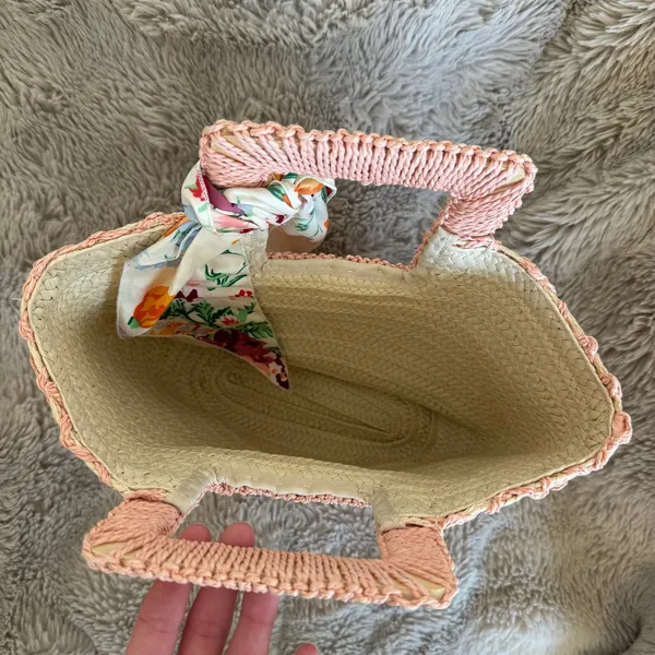 Pink Woven Straw Tote Bag with Floral Scarf - Image 3