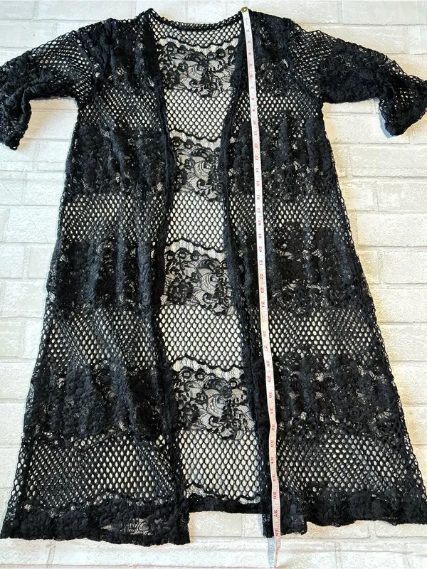 Black Sheer Lace Mesh Kimono Cardigan Beach Coverup Boho Festival - Image 3