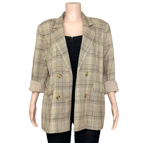 MAJORELLE Rhea Double-Breasted Blazer, Tan Plaid, XL - Image 9
