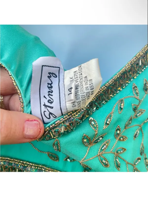 Vintage Stenay Green Gold Beaded Silk Fit & Flare Pleated Midi Dress Size 14 - Image 14