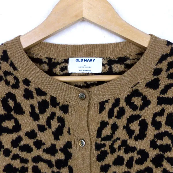 Old Navy SoSoft Cheetah Cardigan Sweater Womens S Brown Cropped Animal Retro - Image 3