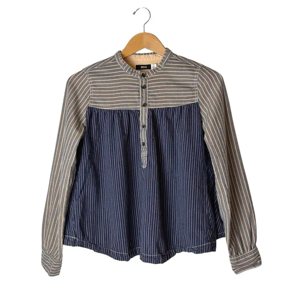BDG Shirt Women Small Blue Mixed Stripe Band Collar Cotton Top Popover Preppy - Image 2