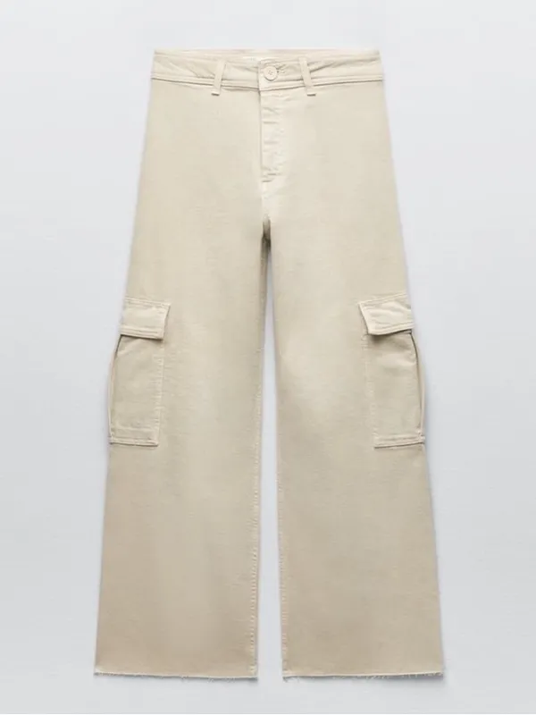 ZARA High Waisted Marine Cargo Jeans Raw Hem Khaki Beige Wide Leg Retro‎ Size 14 - Image 8