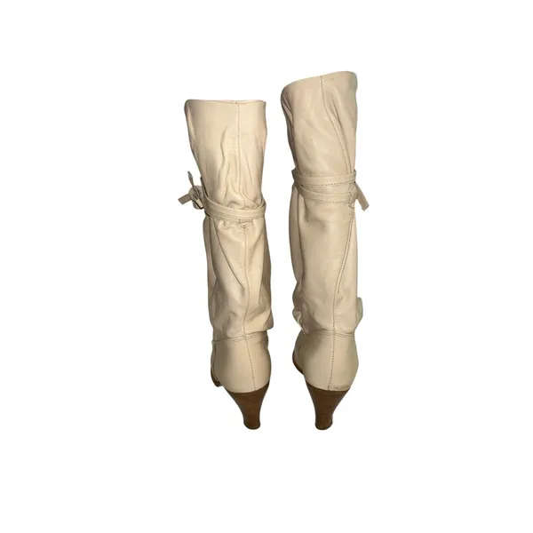 Dingo Vintage Cream Leather Slouch Boots Bow Tie Stacked Heel Pointed Toe Size 9 - Image 5