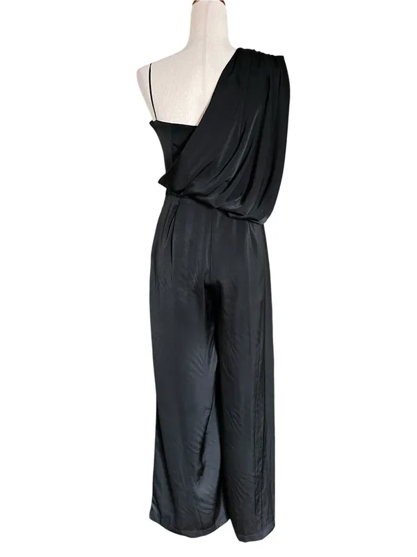 DO+BE black satin jumpsuit featuring an asymmetrical draped one-shoulder overlay - Image 7
