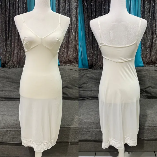 Vintage White Full Slip Lace‎ Trim Adjustable Spaghetti Straps V-Neck Mid-Length - Image 2