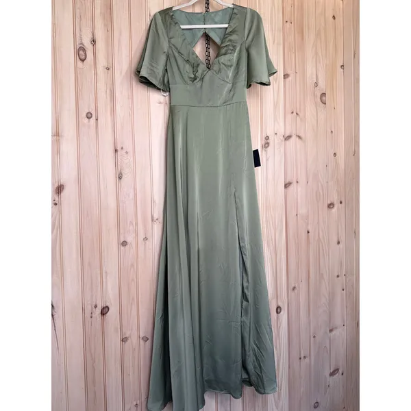 NWT Lulus Elegant Confidence Sage Satin Flutter Sleeve Cutout Maxi Dress Size S - Image 2