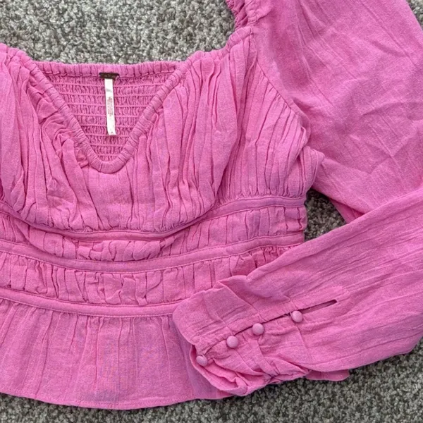 Free People Blouse Women M Pink Smocked Puff Sleeve Boho Top Festival Barbiecore - Image 5