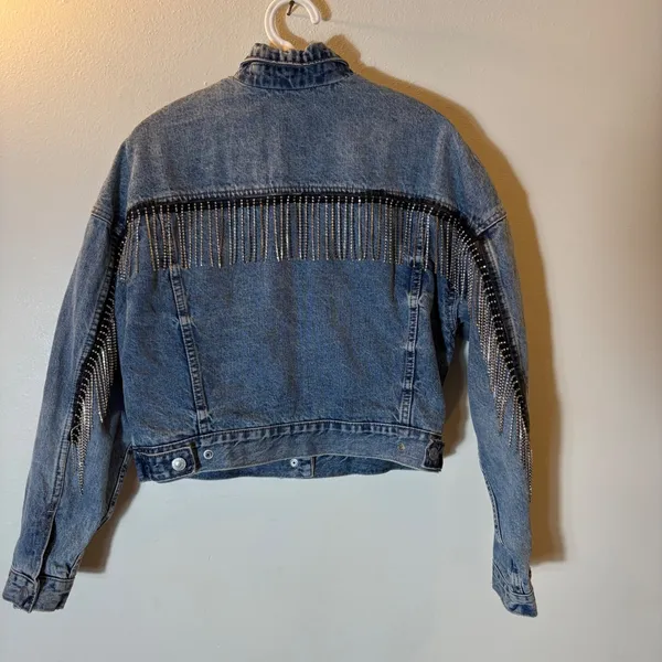 American Eagle Cropped‎ Denim Jacket Rhinestone Fringe Y2K Festival Western XS - Image 4