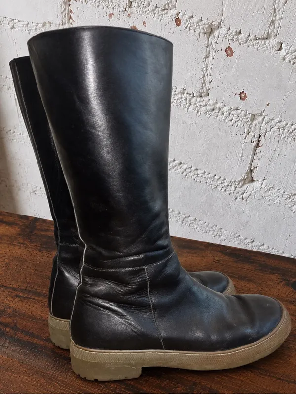 Vintage no NY Black Leather Platform Boots Mid Calf Y2K Chunky Goth Punk 9 - Image 6