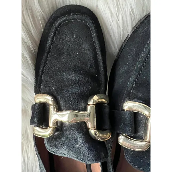 Black Women's Suede Loafers with Gold Buckle Detail Size 9 - Image 4