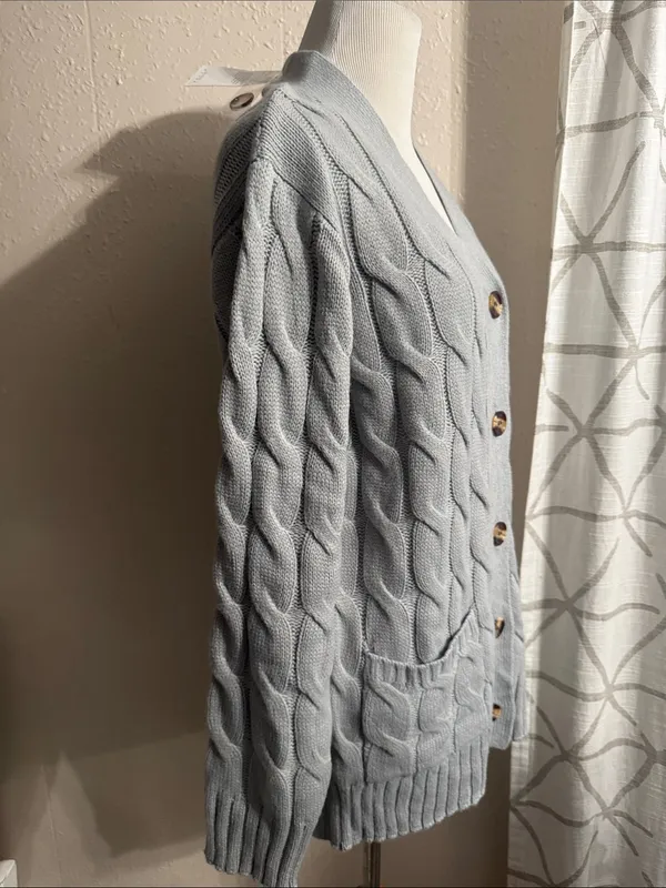 Women's Light Blue Cable-Knit Button Cardigan Sweater - Image 3