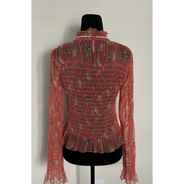 Free People Hello There Floral Sheer Mesh Mock Neck Bell Sleeve Blouse Sz S EUC - Image 2