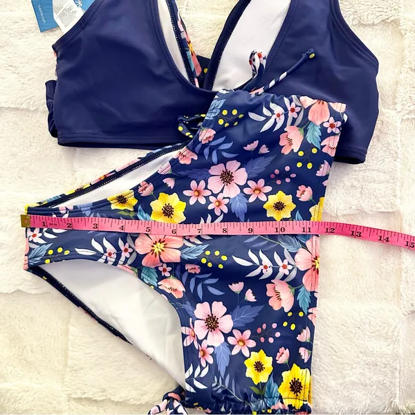 New CUPSHE Ruched Cinch Side Bottom Twist Front Blue Floral Beach Boho Bikini Sm - Image 9