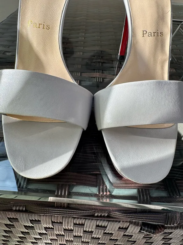 Christian Louboutin Light Grey Leather Open-Toe Stiletto Heels with Red Sole - Image 4