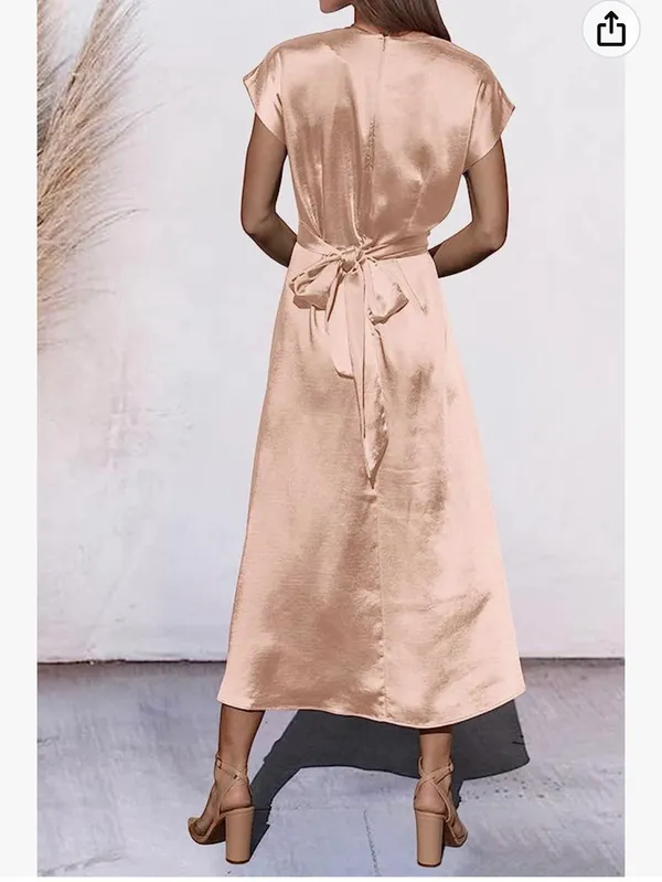 PRETTYGARDEN Women's 2023 Summer Satin Midi Dress Cap Sleeve Tie Waist Elegant A-Line Flowy Dresses - Image 3