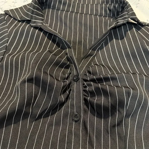 SHEIN Women's M Black Striped Short Sleeve Button-Up Shirt Casual - Image 2
