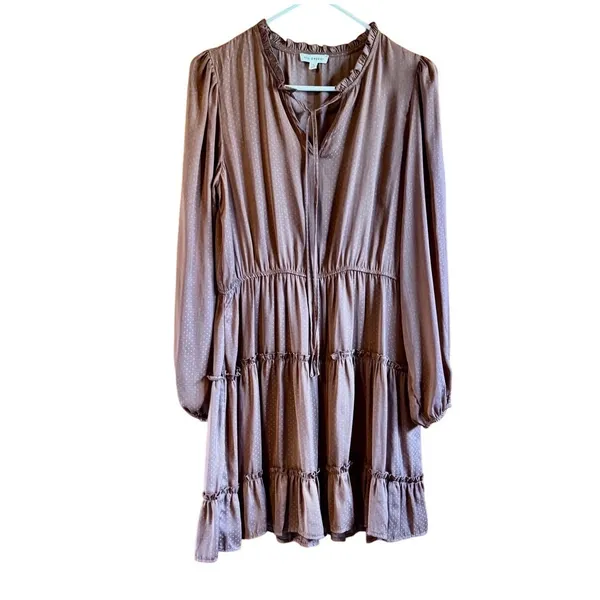 Blu Pepper Dress Jrs Size Large Brown Dotted‎ Tiered Ruffle Long Sleeve V Neck - Image 2