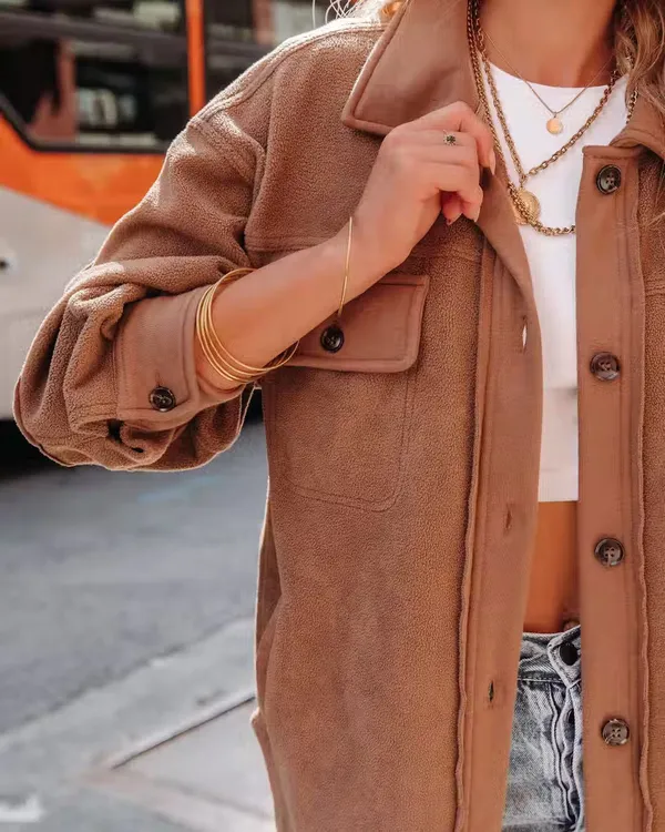 VICI NEW -TANAN POCKETED BUTTON DOWN FLEECE SHACKET - LATTE - Image 6