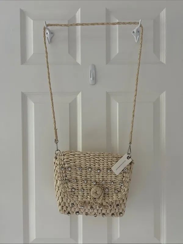 Anthropologie Beaded Woven Crossbody Bag in Natural Beige - Image 2