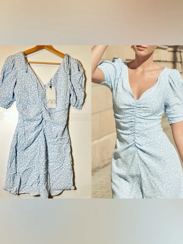 Zara Light Blue Polka Dot Ruched Mini Dress - Image 2
