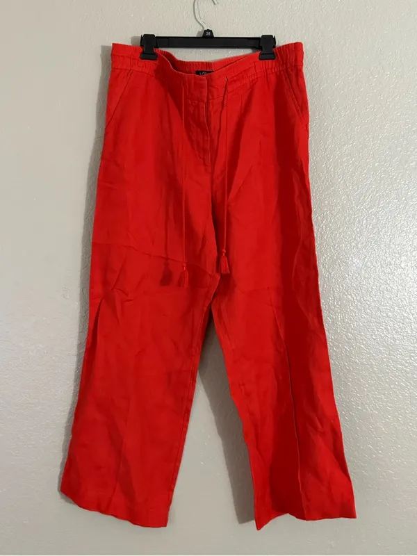 LOFT Women’s 12 Orange 100% Linen Wide Leg Tassel Drawstring Pull On Beach Pants - Image 5