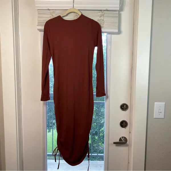 Emma's Expressions Maternity Dress Small Ruched CinchTie Sides Mauve Midi - Image 5