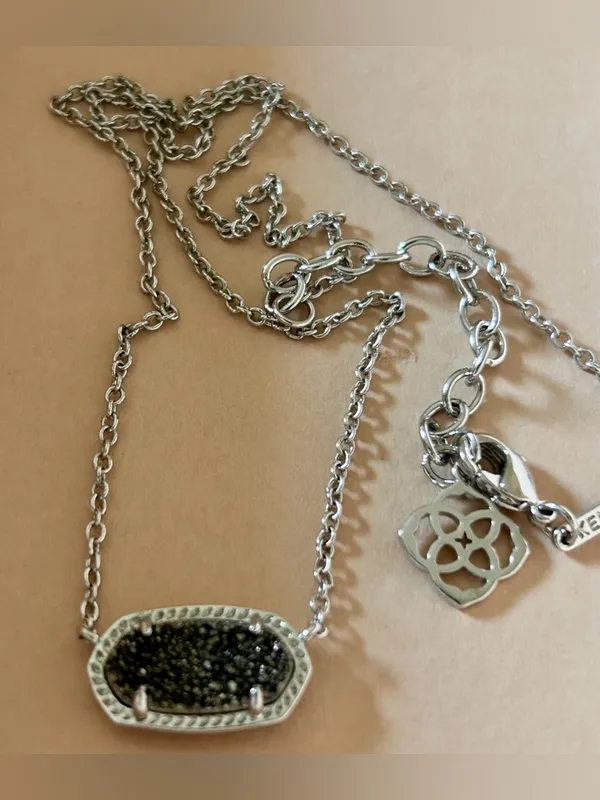 Kendra Scott Elisa Silver Platinum Necklace with Glittery Dark Drusy‎ Pendant - Image 2