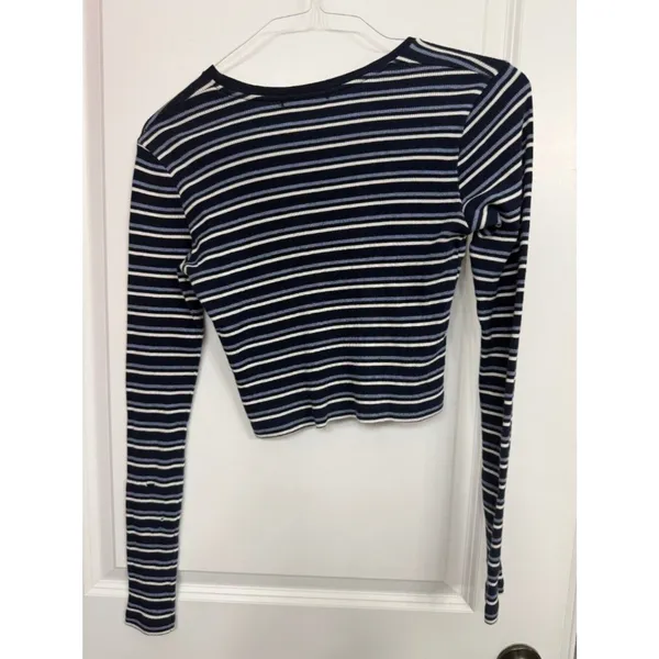 Brandy Melville Navy Striped Ribbed Crop Top Long Sleeve OS - Image 4