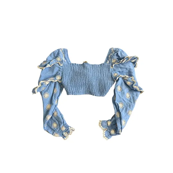 LoveShackFancy Milanti Crop Top Hydrangea Blue Floral Embroidered Linen Medium - Image 2