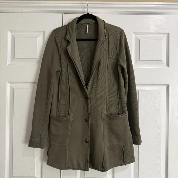 FREE PEOPLE French Terry Knit Blazer Jacket Coat Size Medium Olive Green - Image 2