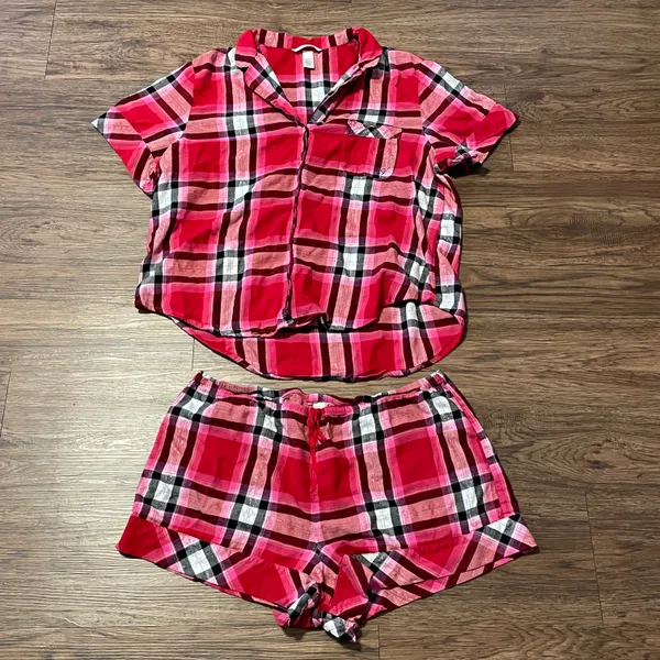 Victoria’s Secret Plaid Short Sleeve Shorts Pajama Set Red Pink White Black XL - Image 2