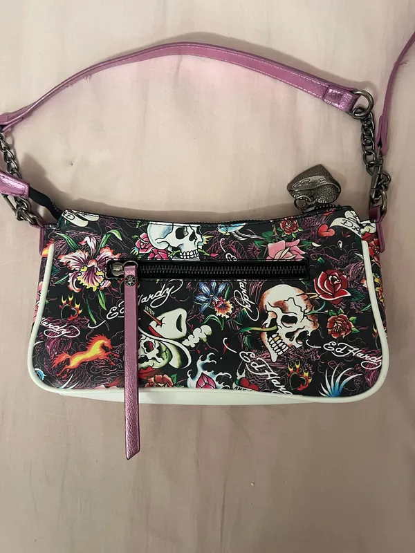 Ed Hardy Black Shoulder Bag with Pink Accents and Skull Rose Motif - Image 5
