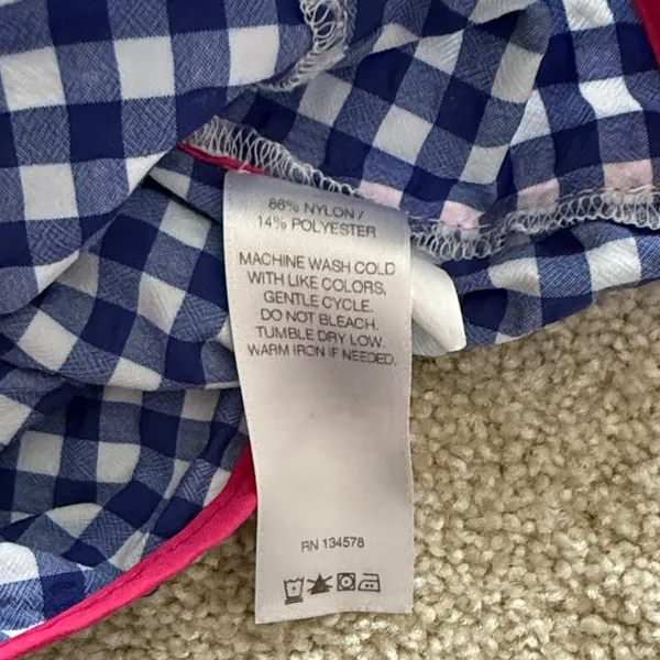 Vineyard Vines Blue and White Checkered Women's Beach Shorts with pink Trim - Image 4