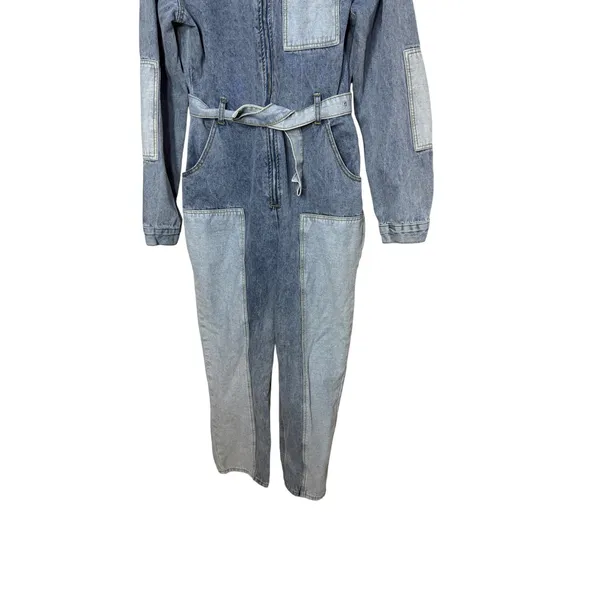 PrettyLittleThing Womens Patchwork Denim Jumpsuit Blue‎ Long Sleeve Size 10 - Image 3