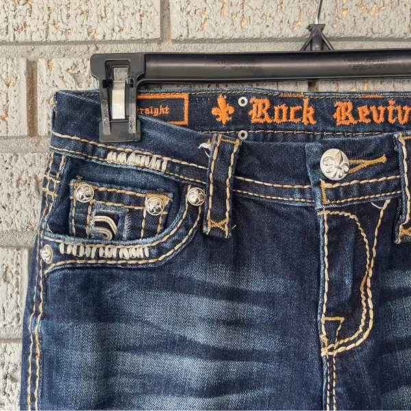 Rock Revival Karla Straight Leg Jeans Distressed Dark Wash Size 25 - Image 4