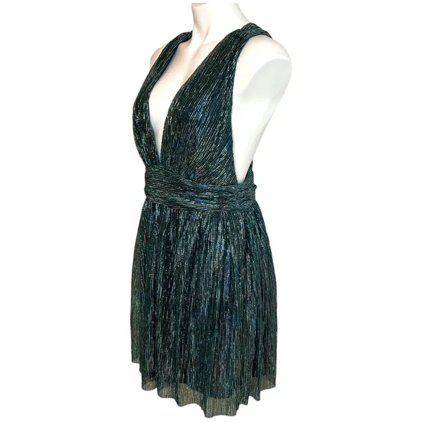 New LULUS Ailey Metallic Teal Twist Back Skater Dress Womens Size L Mini Party‎ - Image 9