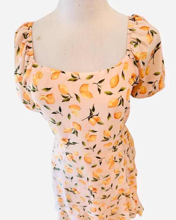 Altar’d State Chiffon Lemon Print Mini Dress Peach Pink S Lightweight - Image 3