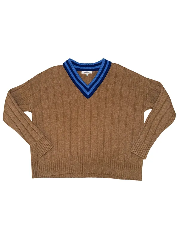 Madewell Tipped V-Neck Oversized Wool Blend Sweater XS Heather Caramel Blue - Image 4