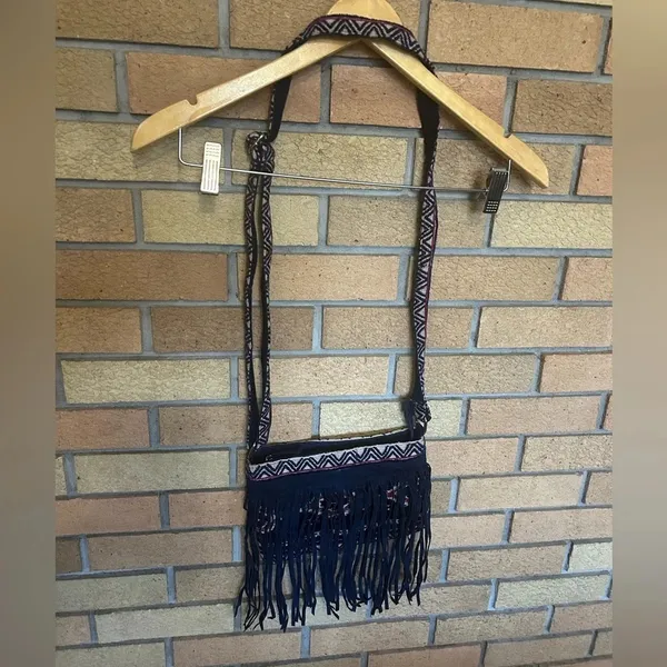 Raj Vegan Leather Navy Fringe Purse Crossbody Boho Western Woven Embroidered Bag - Image 8