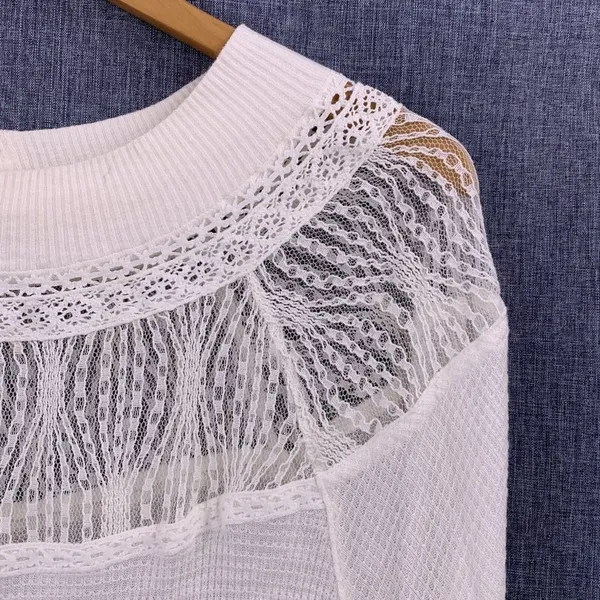 Free People Spring Valley Ivory Waffle Knit Lace Neck Long Sleeve Top Size Small - Image 4
