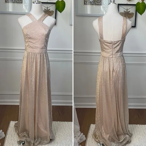 Lulus Metallic Gold Halter Grecian Neck Flowing Chiffon Formal Gown Dress S - Image 2