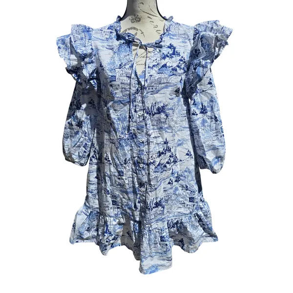 Sugarlips Francine Toile Sky Sammy Ruffle Drop Waist Dress Blue White Small‎ - Image 3