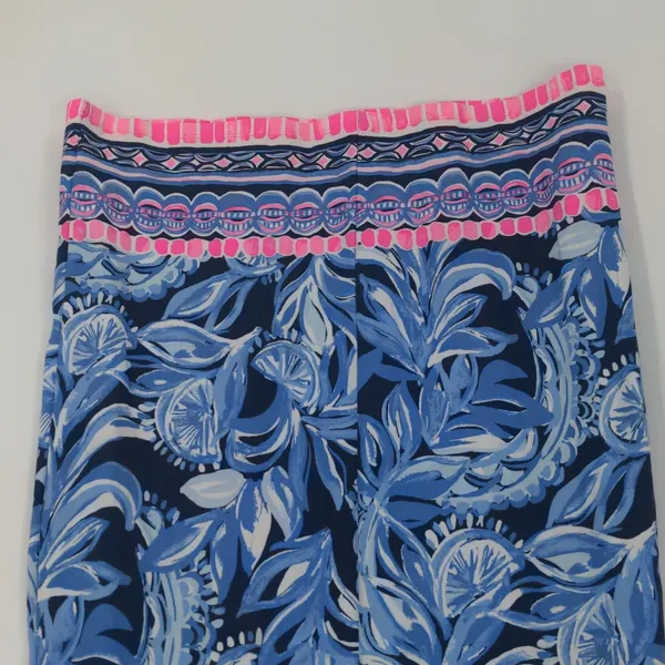 Lilly Pulitzer Blue Floral A-Line Dress XS Pink Border Ruffle Sleeve Rayon Spand - Image 14