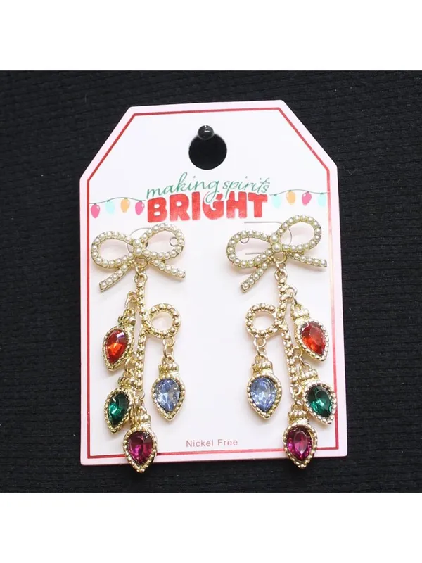 NWT Festive Holiday Faux Pearl Christmas Lights Drop Earrings Gold Multi 3.6" - Image 2
