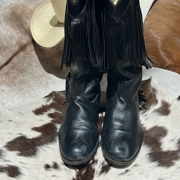 Vintage Black Real Leather Fringe Cowboy Boots Festival Rave Burning‎ Man A21 - Image 4
