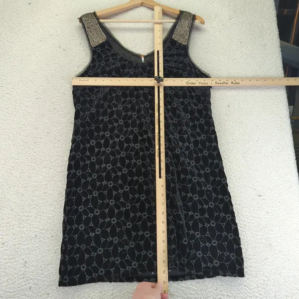 Free People Velvet Mini Dress Black‎ Floral Beaded Sleeves Size 6 Eyelet Flapper - Image 10