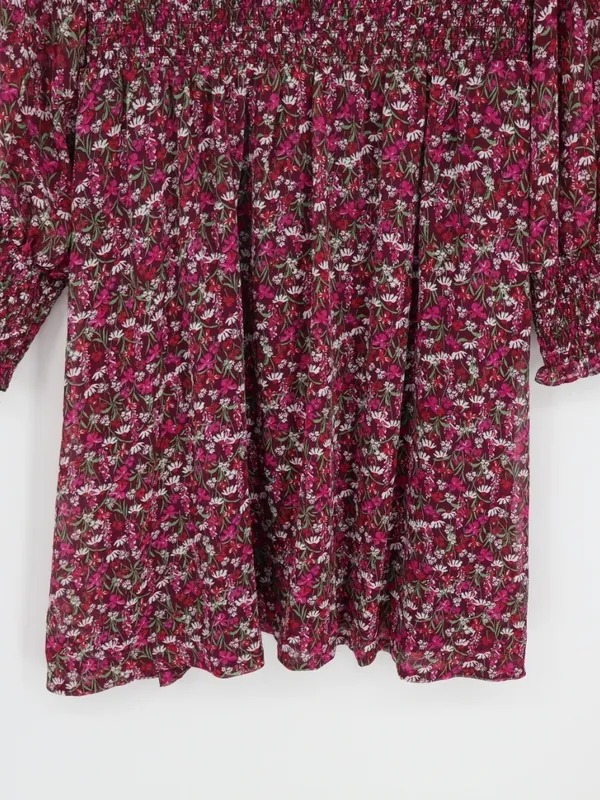 Draper James RSVP Smocked Floral Dress L Burgundy Metallic Long Sleeve Cottageco - Image 7