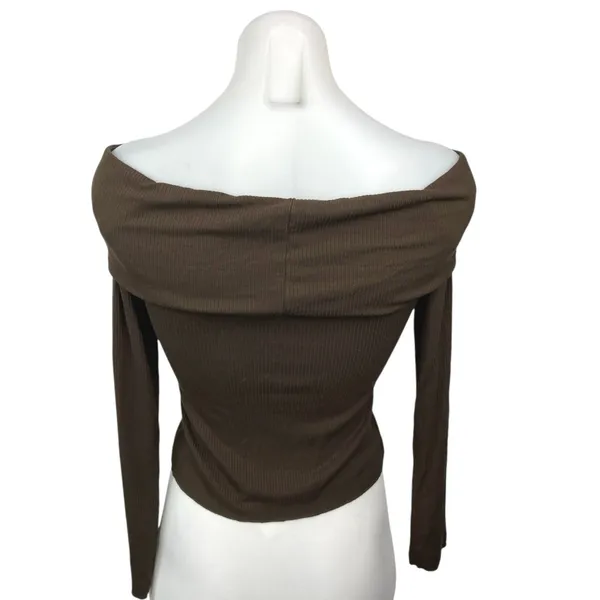 Princess Polly Parveen Brown Ribbed Off Shoulder Long Sleeve Crop Top Blouse 4 - Image 6